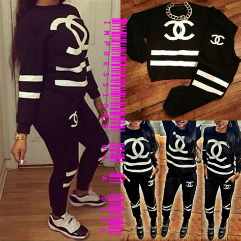 black and white chanel jogging suit|chanel pantsuit.